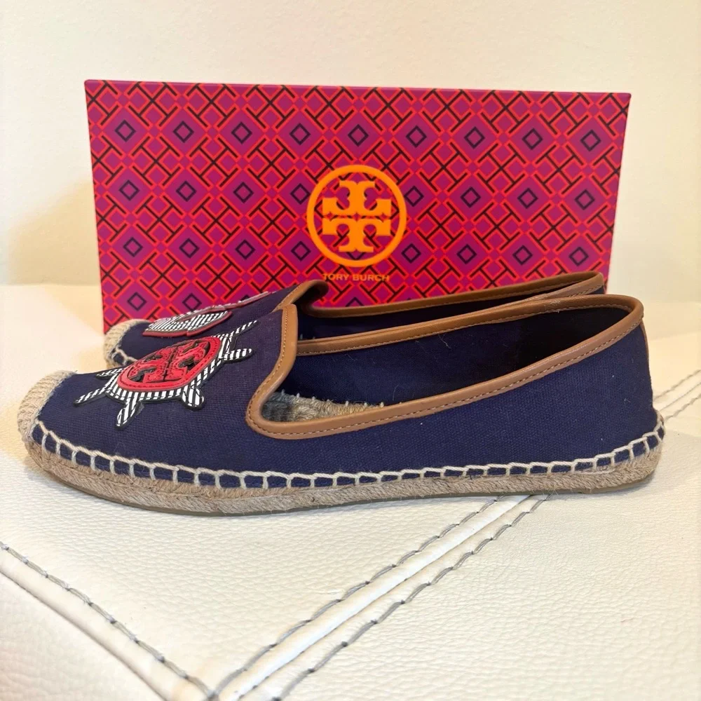 Tory Burch Women’s Maritime Flat Espadrille Size 8 Navy Canvas Nautical Anchor
